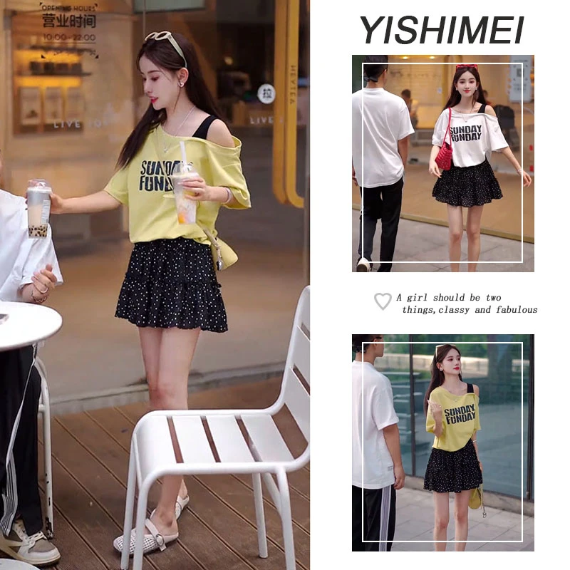 超火夏季穿搭一整套女时尚字母印花露肩短袖上衣波点半身裙两件套