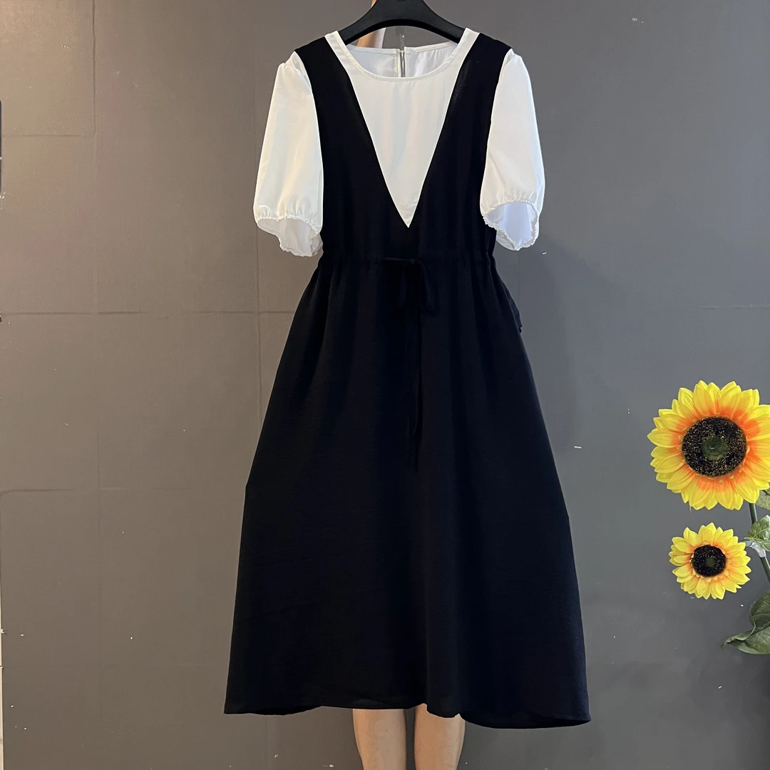 撞色时尚减龄拼接假两件高腰抽绳设计遮肚显瘦休闲中长款连衣裙