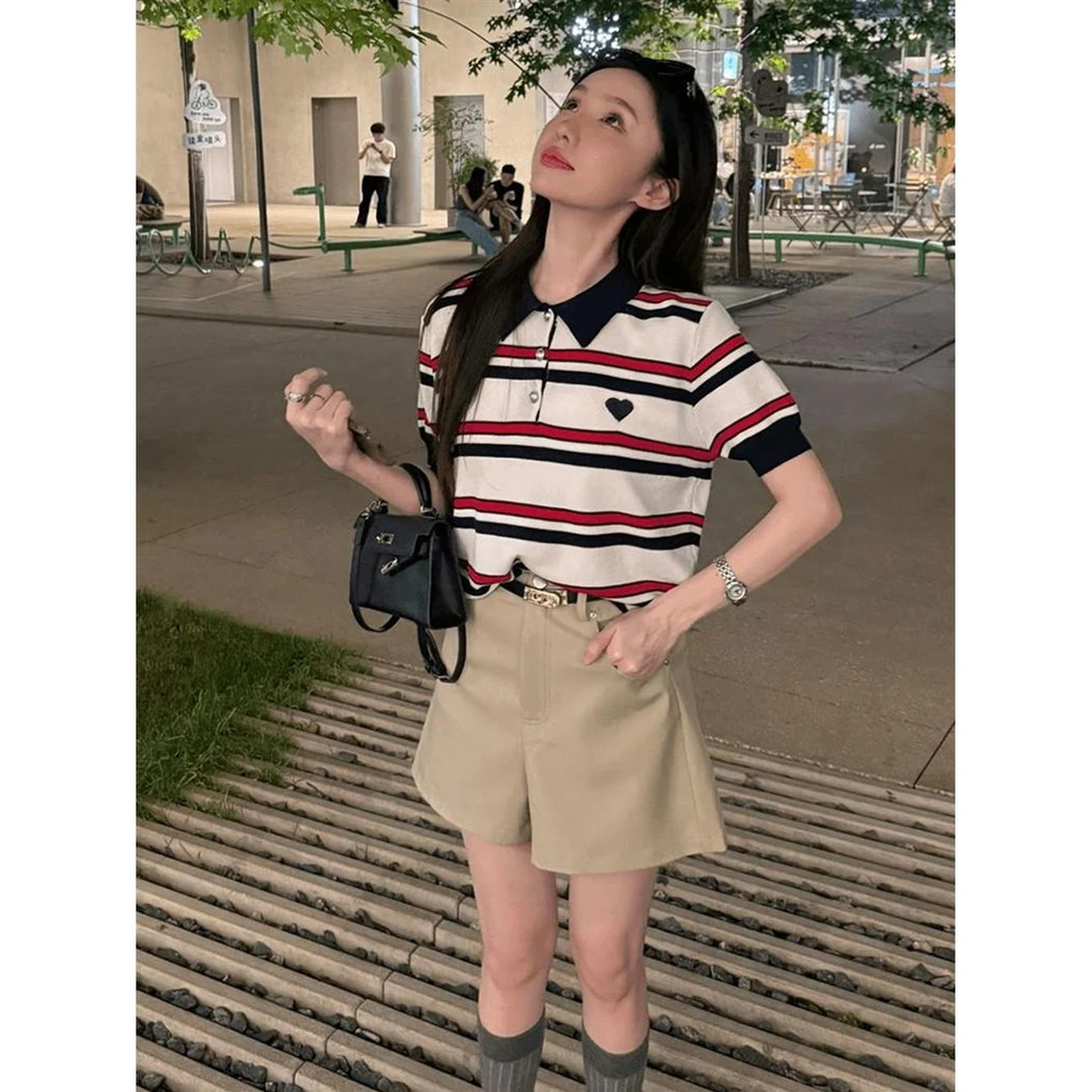 撞色条纹Polo领针织T恤女装夏季设计感小众高级感休闲独特上衣潮