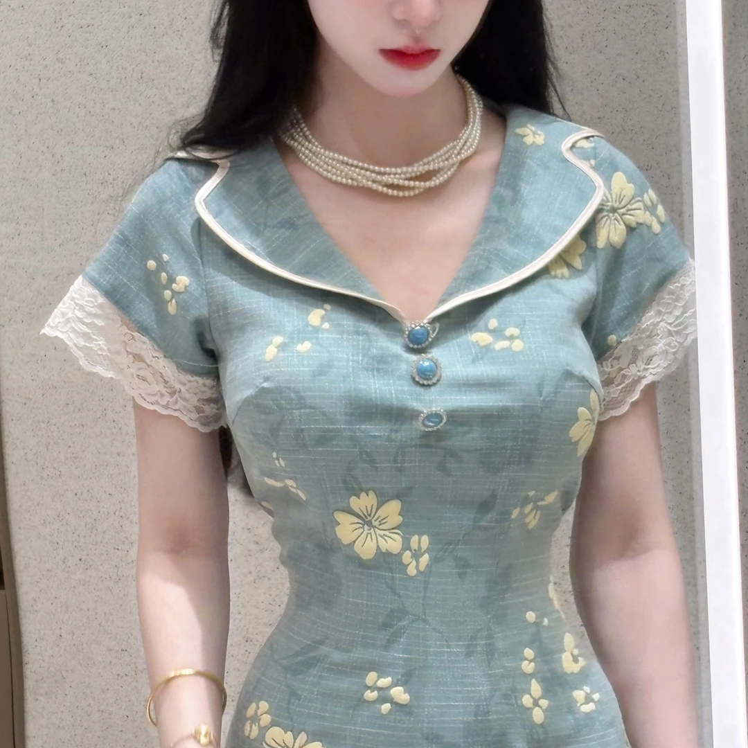 LHMknk1画报夫人原创自制夏季素雅显瘦复古法式收腰连衣裙 落花俏
