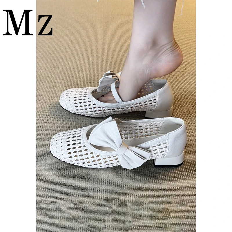 Mr.Zheng/2.5cm/法式编织镂空方头可爱蝴蝶结一字带玛丽珍单鞋女