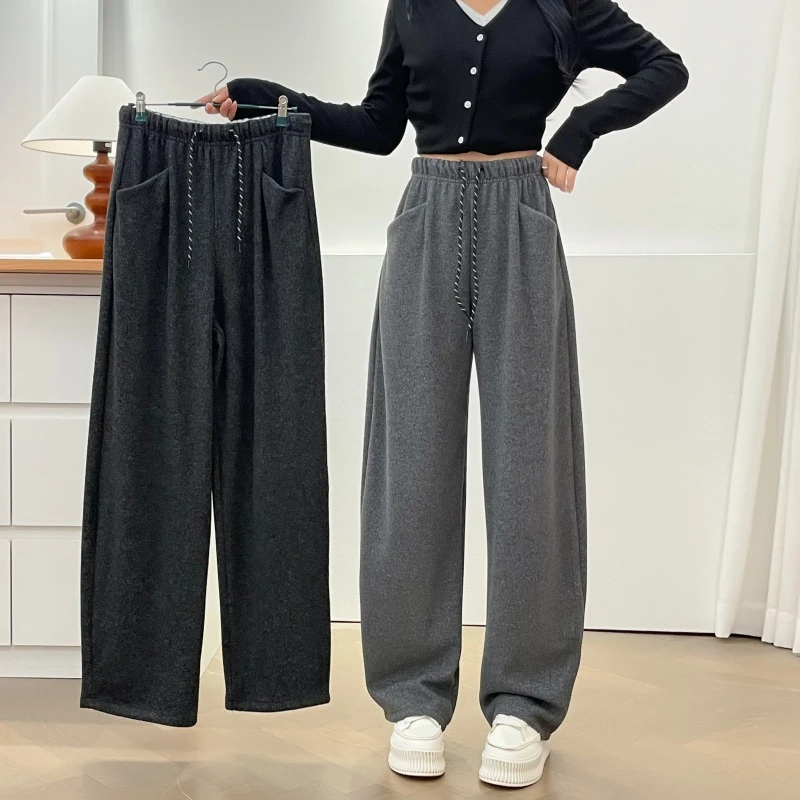大码慵懒风灰色抽绳阔腿裤2025秋冬加绒裤子胖mm遮胯显瘦休闲长裤