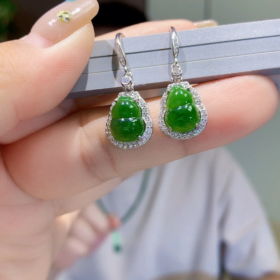 和田玉（碧玉）银S925镀金镶嵌耳饰