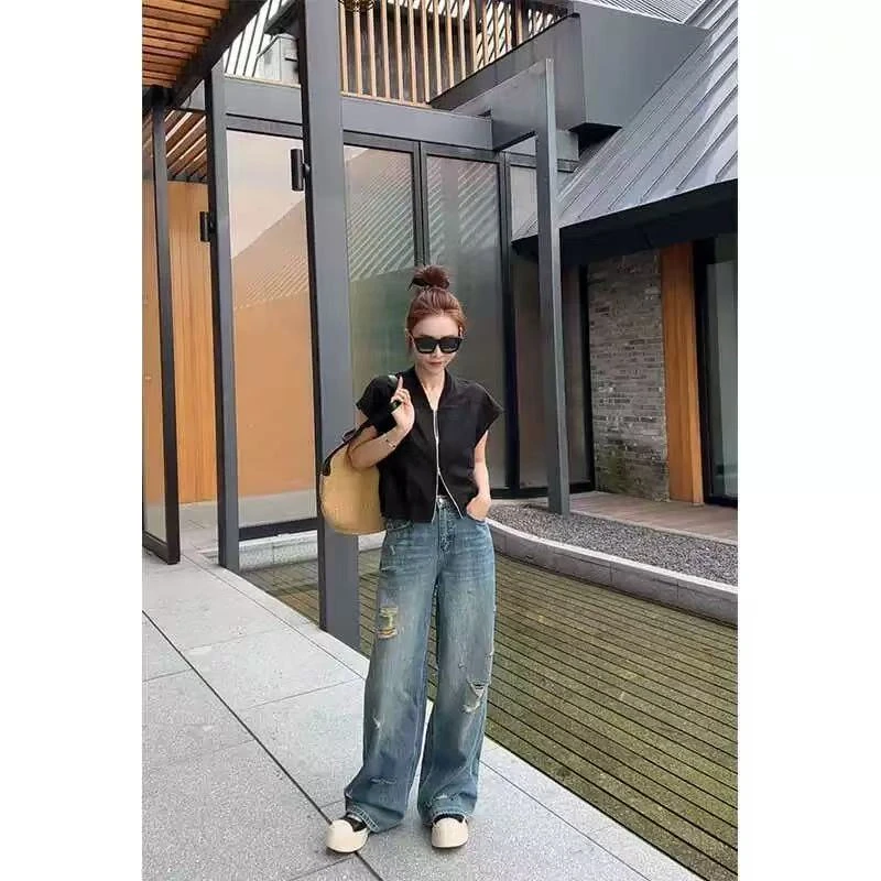 111-超薄破洞牛仔2025夏季新款立体裁剪宽松版型直筒裤