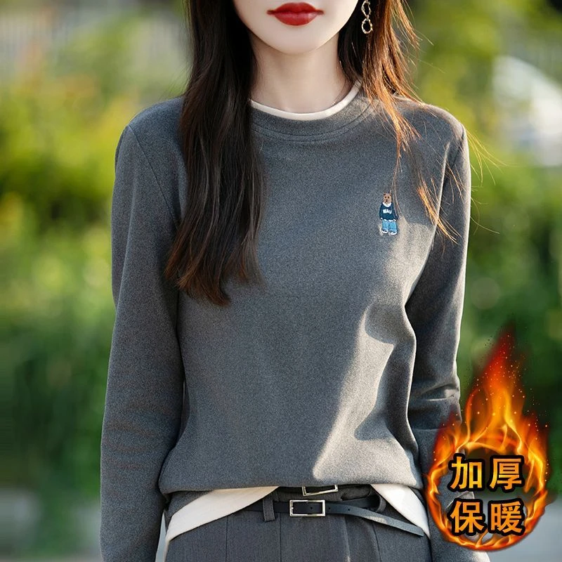 双面磨毛德绒圆领打底衫女假两件撞色宽松保暖内搭拼色刺绣上衣冬