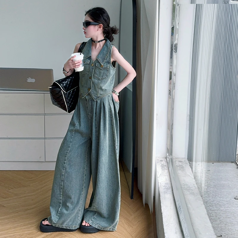 2025新款设计感时尚马甲复古牛仔套装女童夏季休闲阔腿裤两件套潮