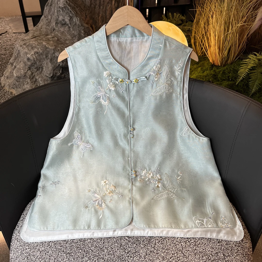 【飞花令】2025新款夏季马甲新中式宽松立领网纱绣花上衣马夹女