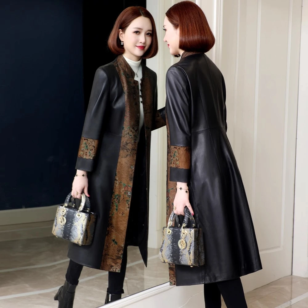 新中式皮衣女2025秋冬新款过膝中长款绵羊皮复古风衣高端气质外套