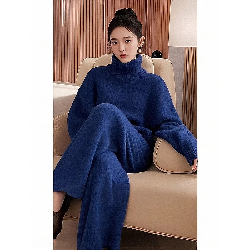小香风藏蓝色针织套装冬季轻奢高级感高领毛衣富家千金两件套裤子