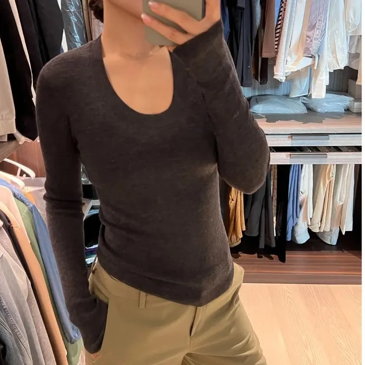 长袖修身螺纹无缝一体U领打底衫修身显瘦打底衫女内搭内搭羊毛