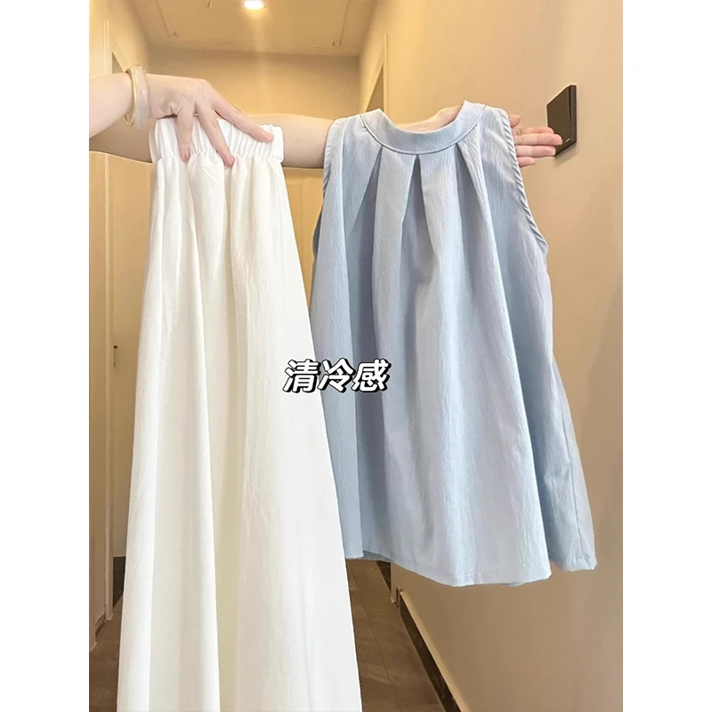 清冷感甜美系套装女夏季圆领无袖背心衬衫上衣搭配阔腿裙裤两件套