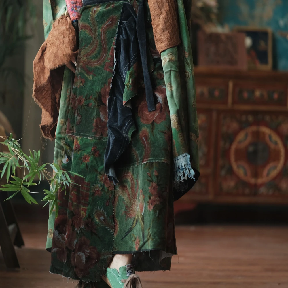 落古泥轻定制复古文艺系带拼布裹裙半身裙2244植物染老平绒