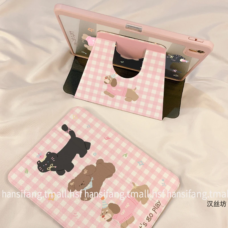 【三折旋转亚克力】粉格腊肠狗苹果ipad11平板保护套air6华为全包硬