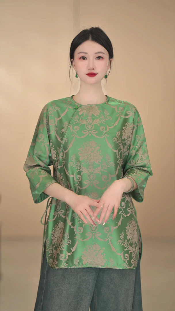 「青夏」新中式网红圆领斜襟民族风夏季百搭衬衫斜襟宽松时尚提花