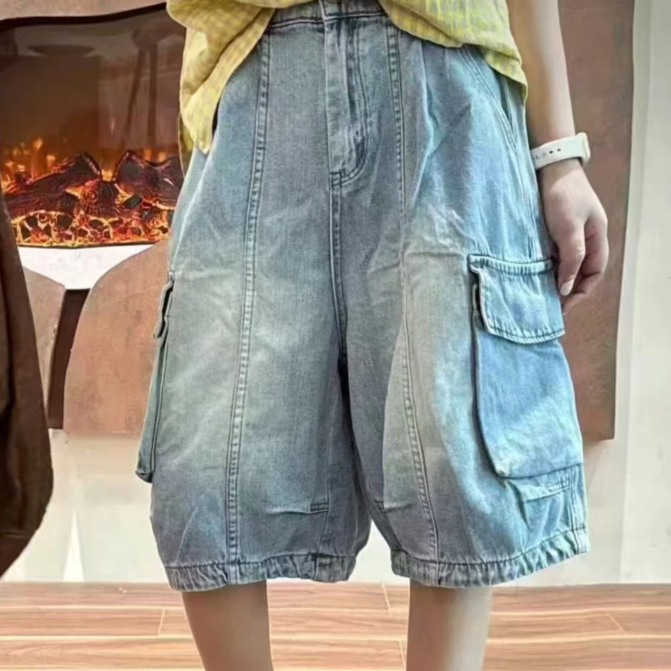 夏款水洗薄牛仔大口袋六分裤