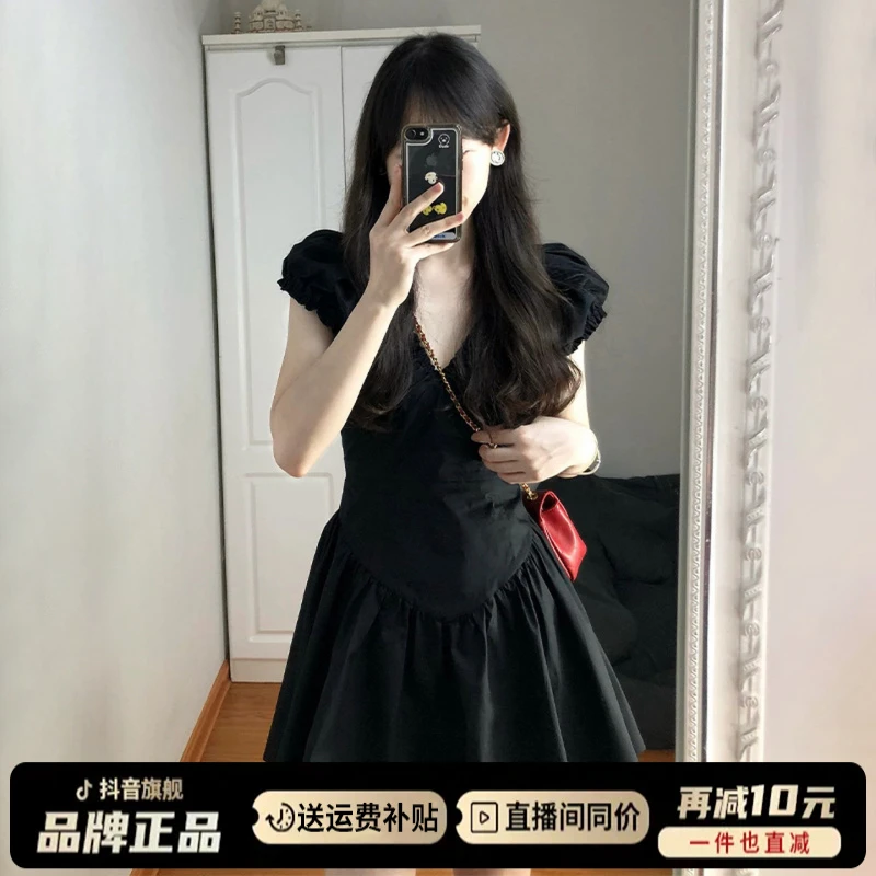 赫本风黑色v领连衣裙子女装夏季2025新款法式高级感小个子a字短裙