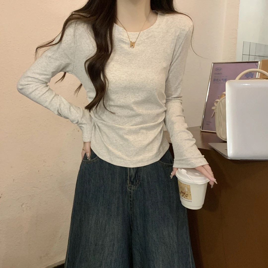 圆领正肩灰色t恤女长袖春秋冬季百搭修身收腰德绒内搭打底衫上衣