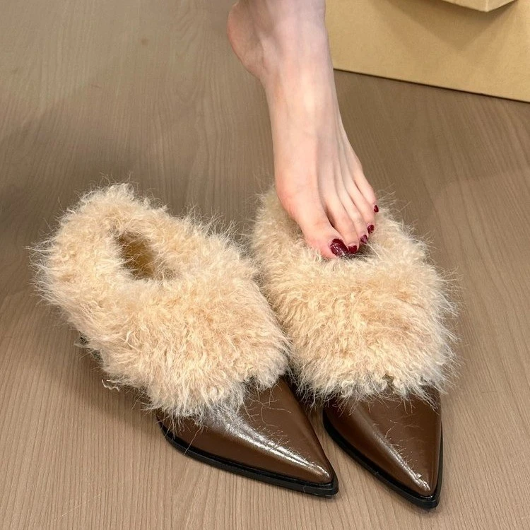 尖头粗跟带毛边毛毛玛丽珍鞋女加绒保暖一脚蹬中高跟单鞋懒人鞋子