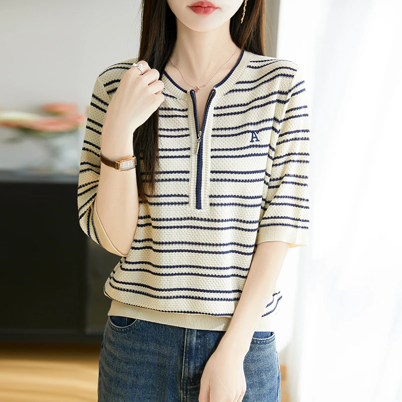 哥弟阿玛施正品爆款短袖显瘦洋气时尚针织纯色半拉链休闲新款上衣