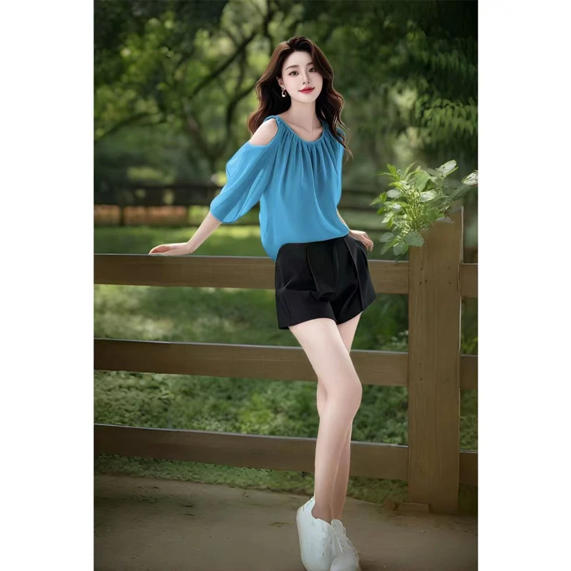 2132气质上衣挖肩设计高级感短袖雪纺衬衫两件套装女2025新款夏季