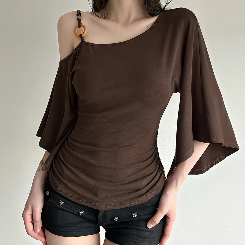 梦优莱痞帅炸街风串珠斜领短袖T恤女夏季修身显瘦独特漂亮小衫
