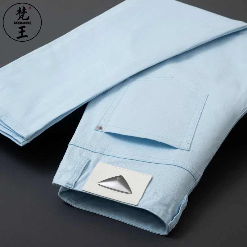 FANWANG/梵王春夏天蓝色九分牛仔裤男修身冰丝薄款小直筒休闲长裤