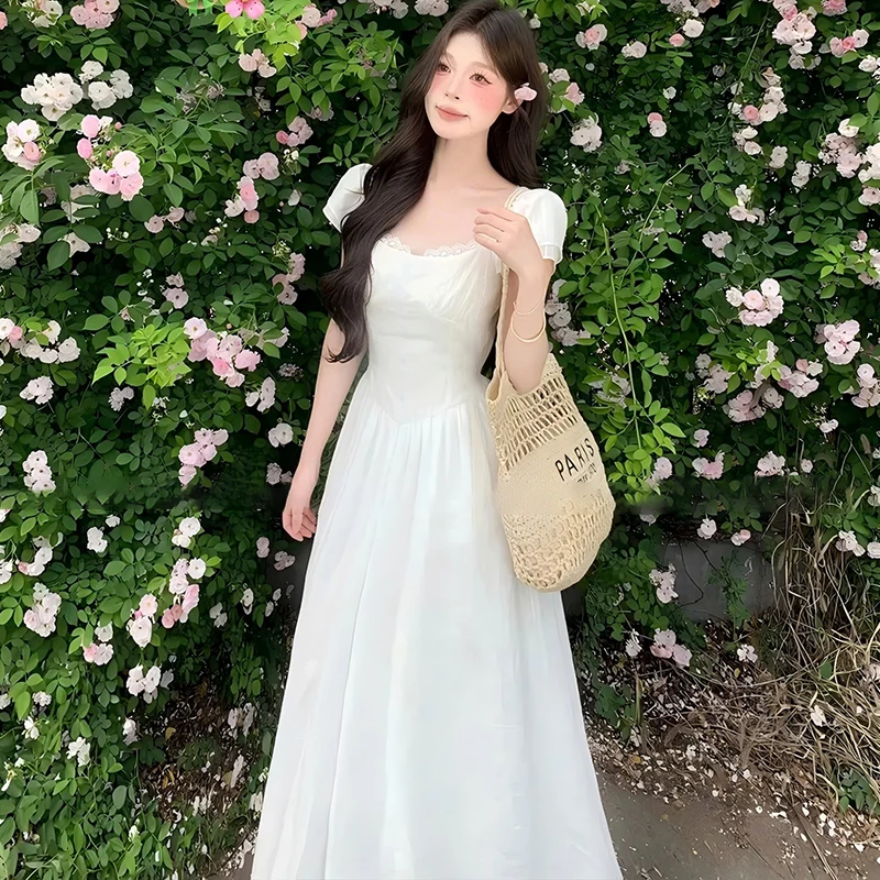 【有里布】夏季法式温柔风浅色长裙收腰显瘦细带连衣裙D1765