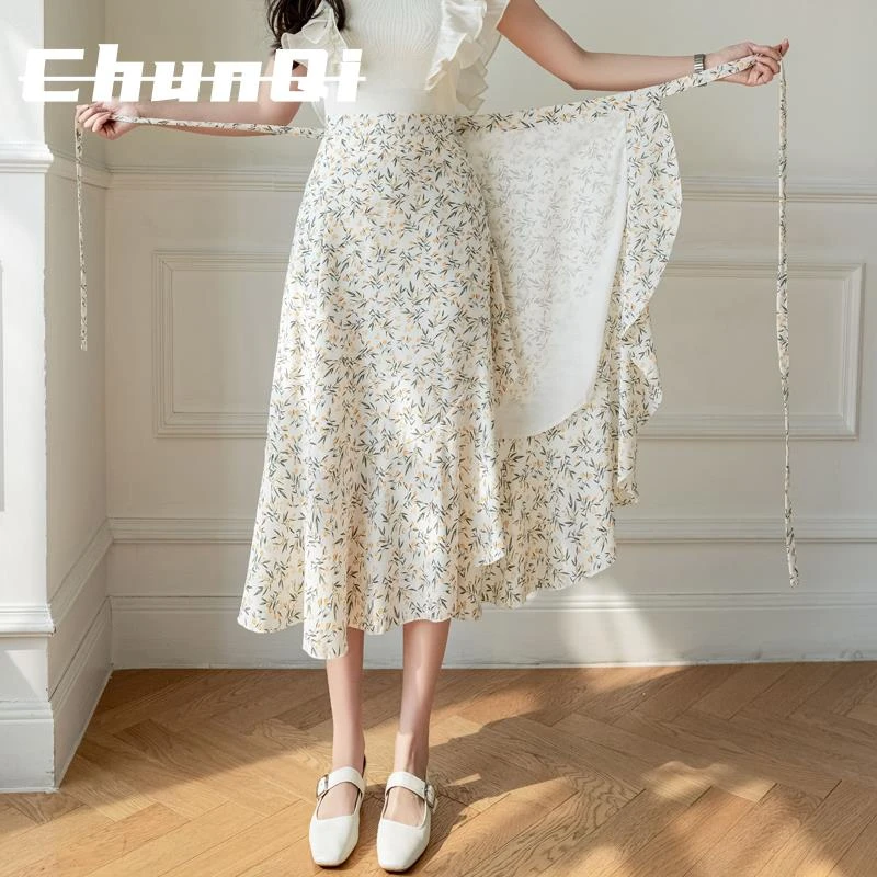 淳启一片式雪纺半身裙夏新款系带包臀荷叶边裹裙高腰a字碎花裙子