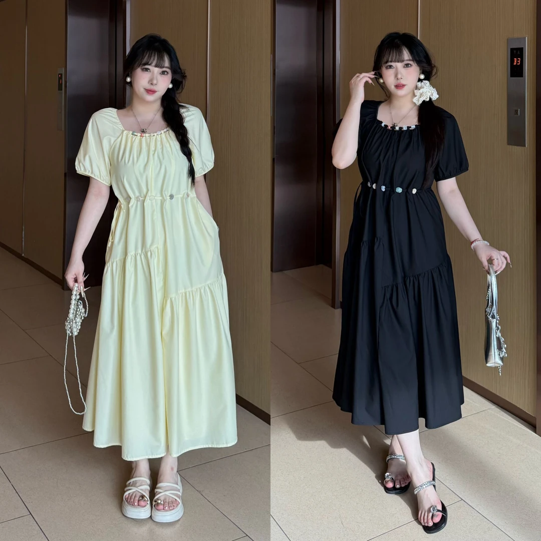 亿米-现货(百利甜)夏季度假风拼接不规则收腰宽松大码显瘦连衣裙