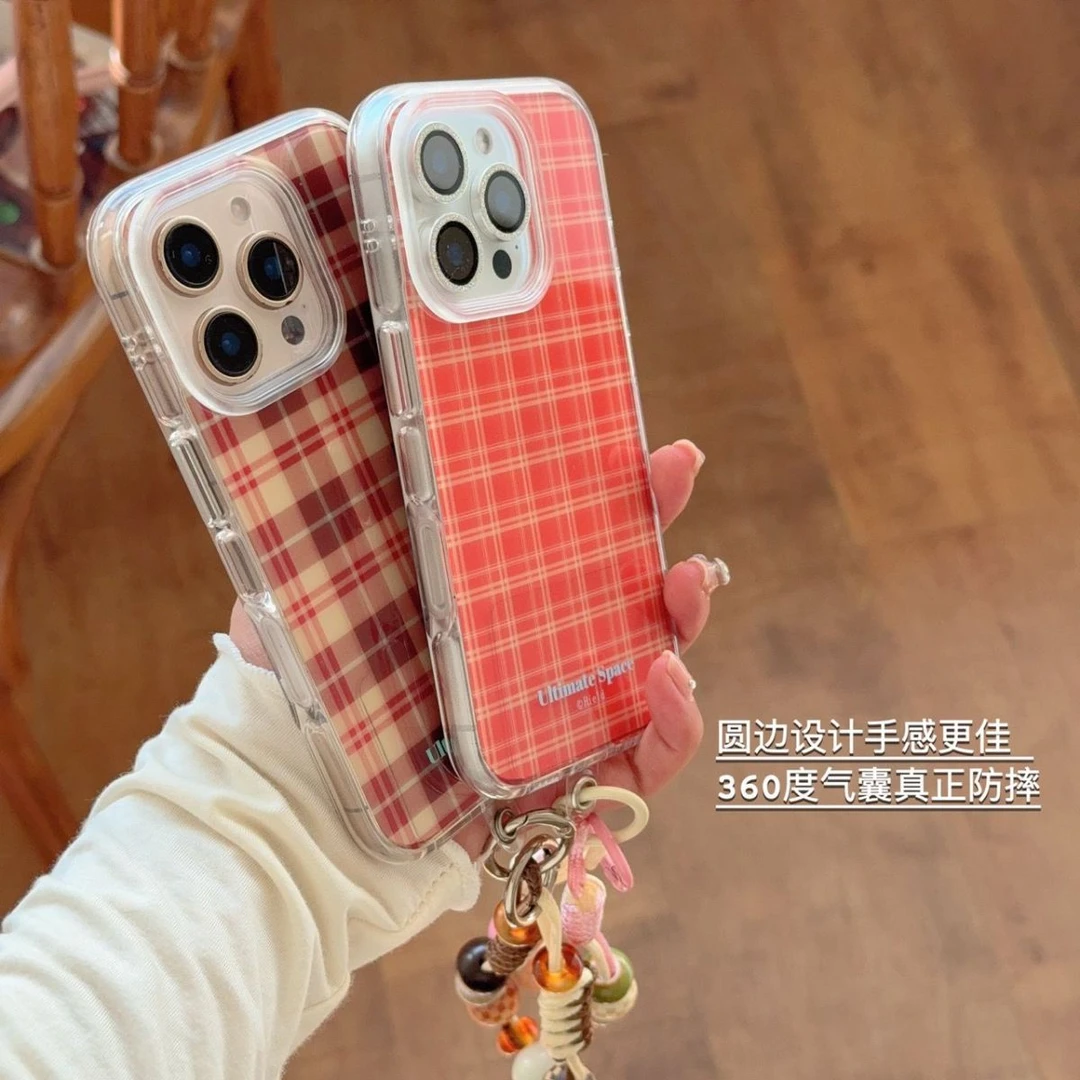 ins学院风橙色棕色格纹手机壳适用iphone17promax苹果16圆边气囊