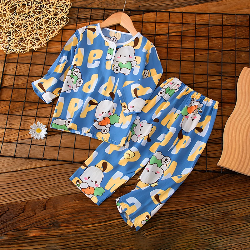 儿童睡衣夏季薄款男童小孩宝宝女童棉绸长袖长裤居家服套装