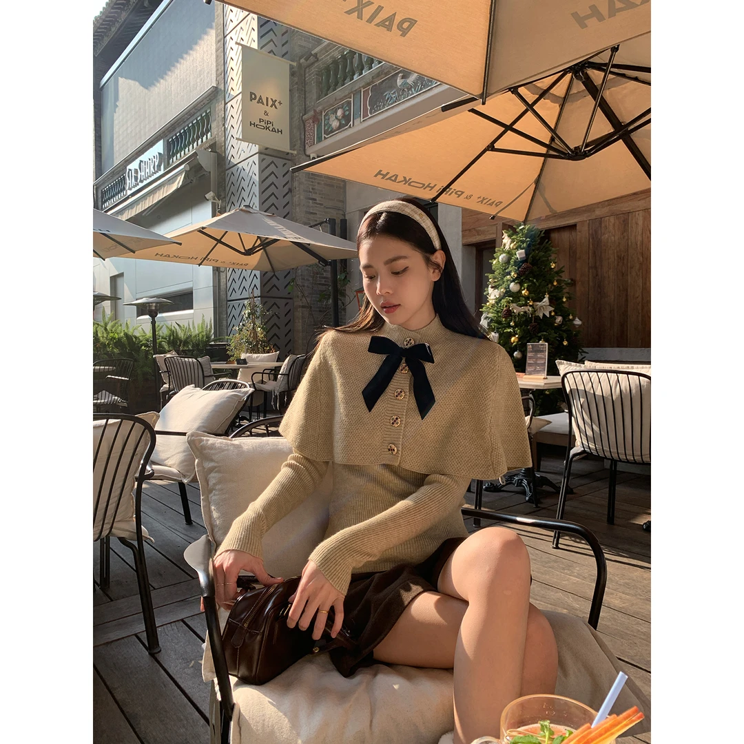 宋正恩奶茶色斗篷真两件针织衫毛衣女款冬季内搭打底上衣ZE5173