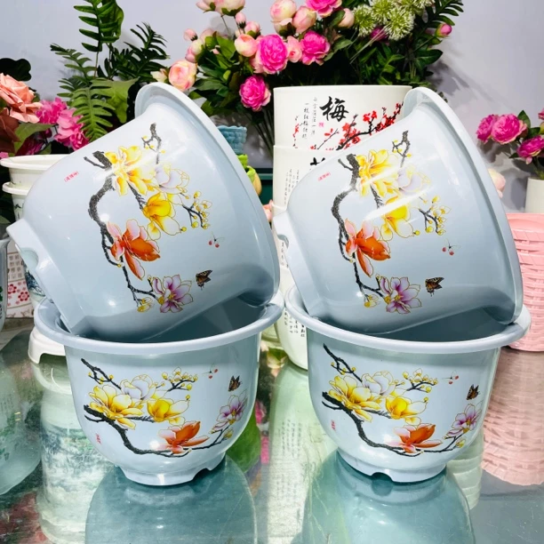 （4个盆带托）白色玉兰花盆口径23厘米高度17厘米