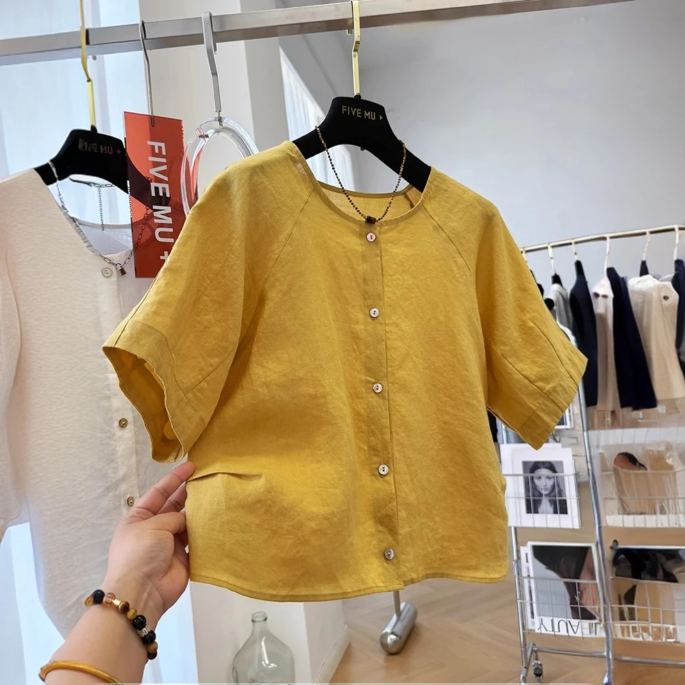 韩系轻奢高级感纯棉短袖气质小衫女夏季圆领衬衫超好看短款上衣