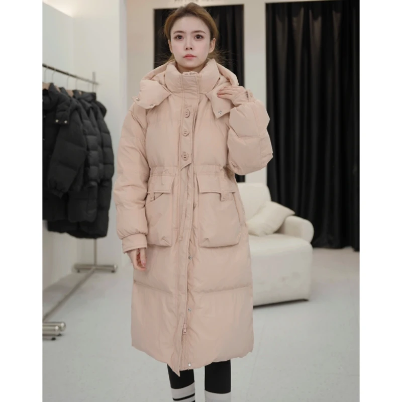 新款三扣羽绒服女中长款连帽加厚冬季宽松显瘦保暖白鸭绒韩版外套
