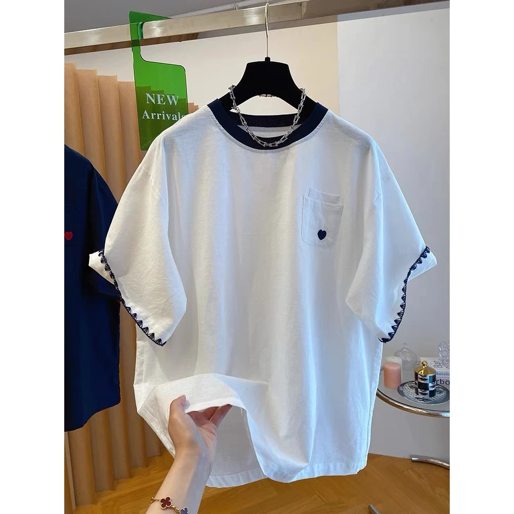 大码显瘦胖mm刺绣撞色时尚百搭宽松短袖T恤女2025新款休闲上