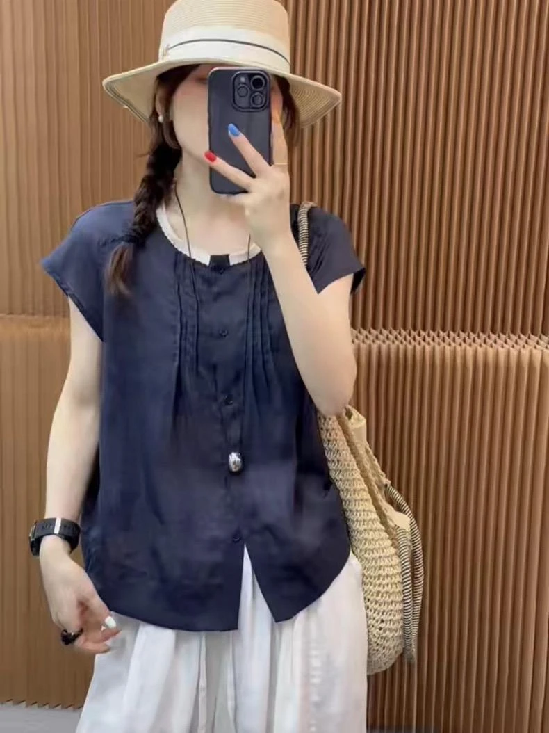 欧洲站2025年夏季新款时尚拼色圆领短袖褶皱衬衫女上衣