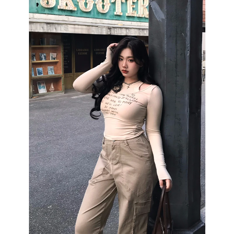 圆大敏「反叛女友」假两件修身显瘦长袖T恤2024年冬季微胖mm7577