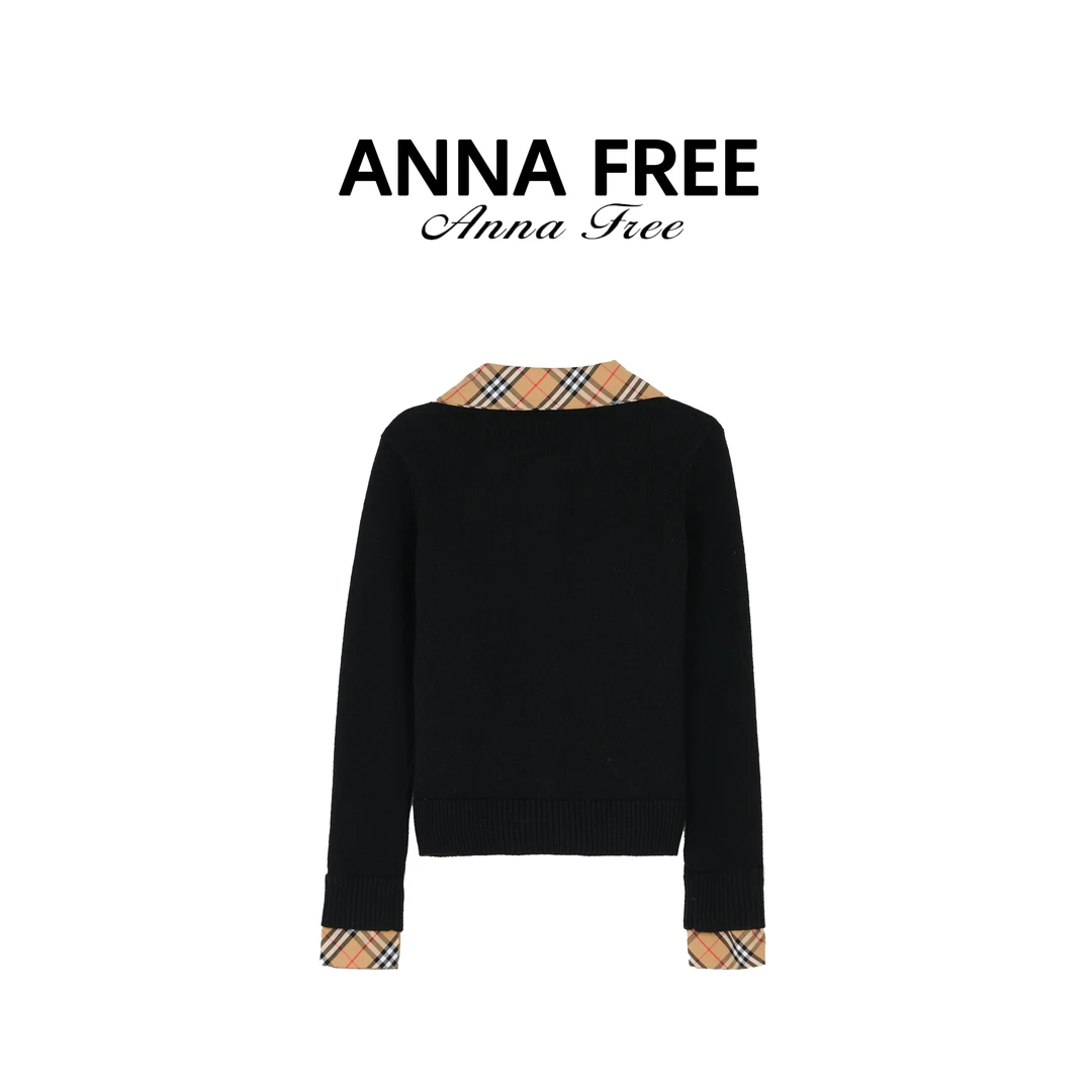 ANNA FREE【西马画廊】早秋新款文艺范格纹拼接休闲感针织开衫Z8272