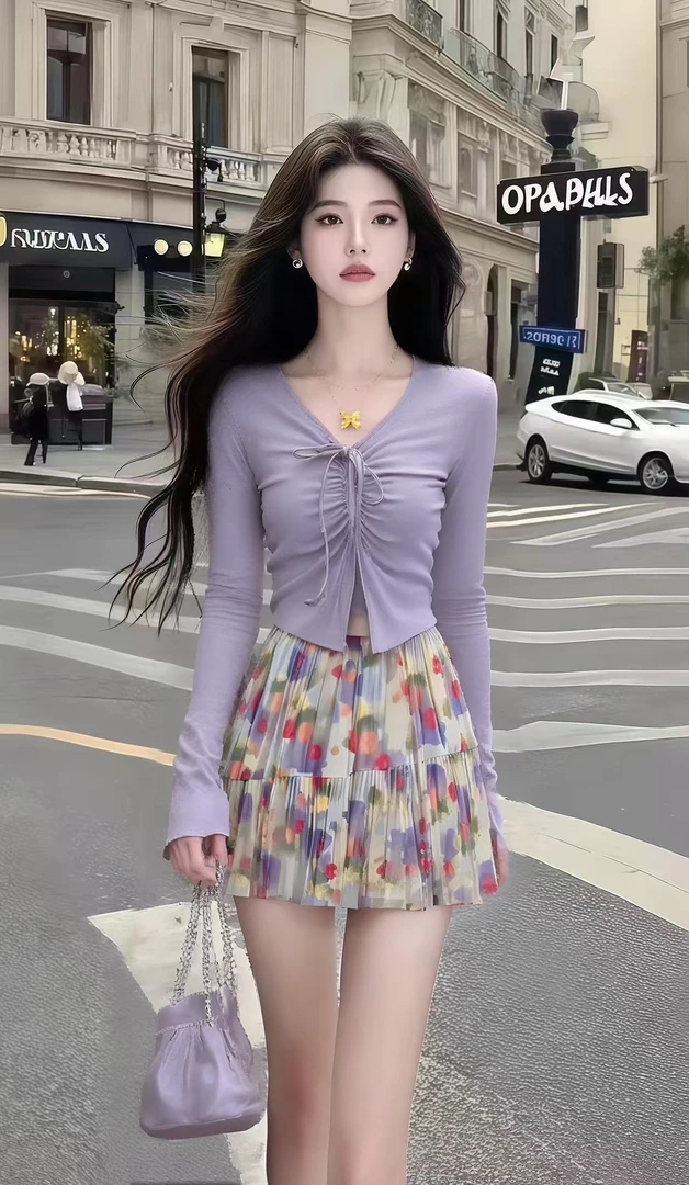 法式少女风氛围感穿搭紫色V领长袖短款上衣+碎花百搭半身裙两件套