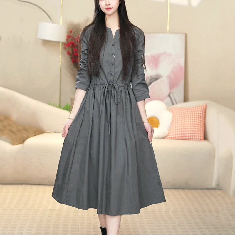 春秋新款2026文艺气质纯棉连衣裙透气系带显瘦百搭长袖连衣裙2601