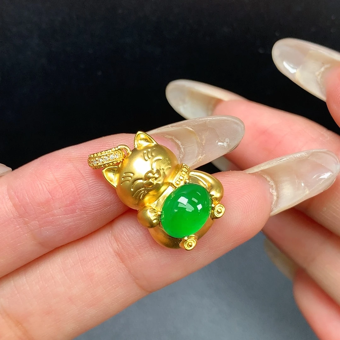 【闪购商品】翡翠18K金镶嵌颈饰猫咪