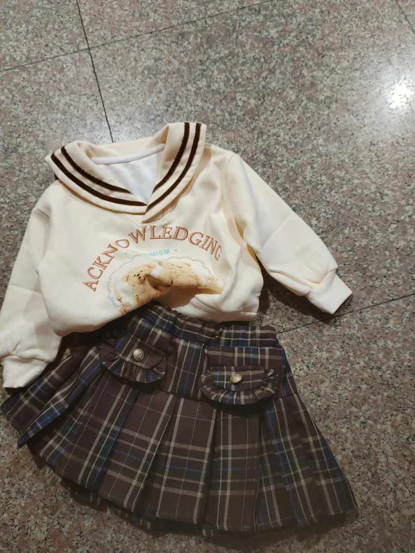 女童学院风海军领卡通熊卫衣格子百褶裙套装春秋装