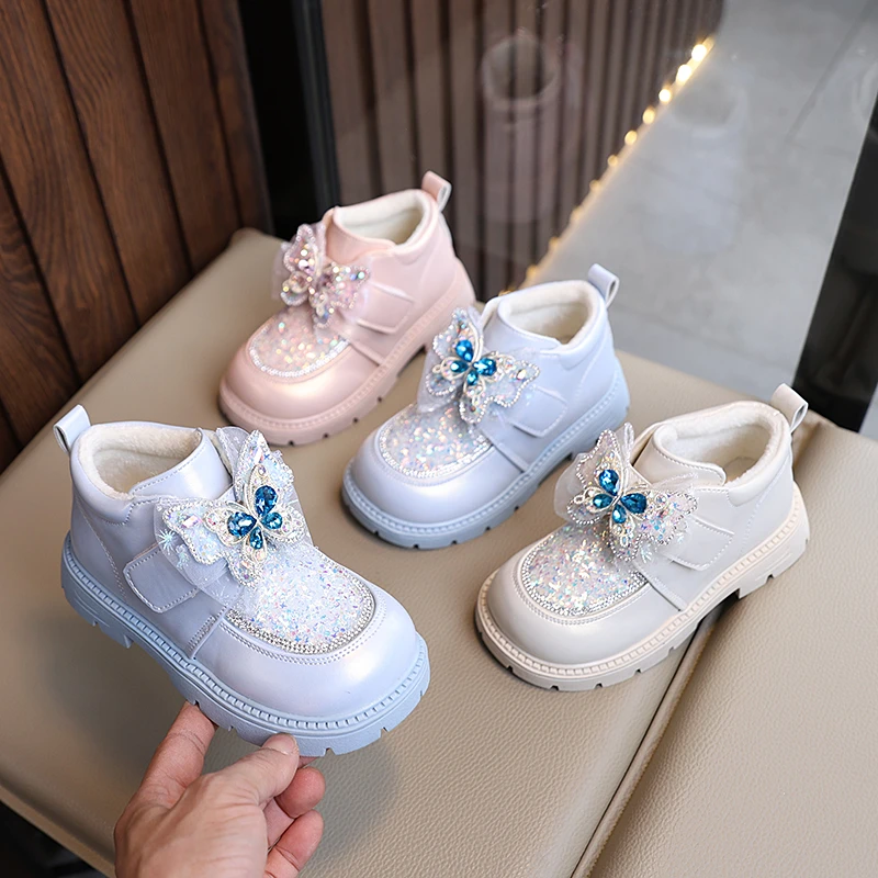 儿童棉鞋2025冬季加绒加厚女童公主鞋爱莎水晶保暖毛毛公主靴子软