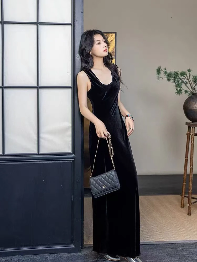 法式复古斜裁弹力连衣裙8059