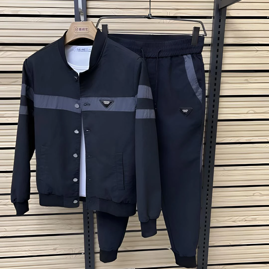 秋季新款成熟男士时尚套装休闲潮流按扣夹克外套撞色舒适束脚长裤