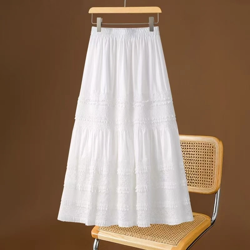 白色半身裙女春夏季2025新款蕾丝拼接a字蛋糕裙雪纺裙大摆伞裙子