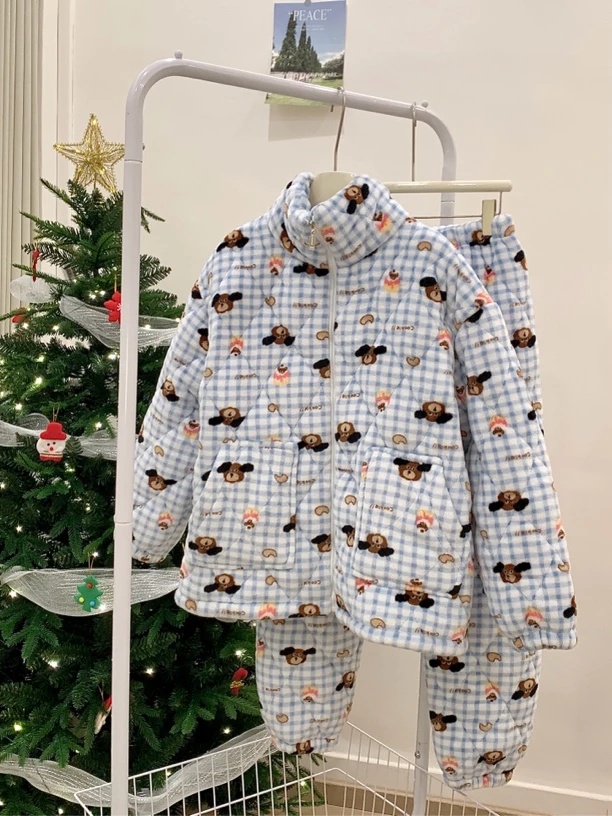 【夹棉收官】ins可爱小狗女冬季三层夹棉加绒加厚可外穿家居服套装