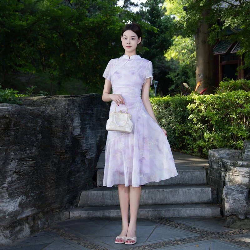 匠花语常规袖立领复古风旗袍裙短袖旗袍裙子复古温柔