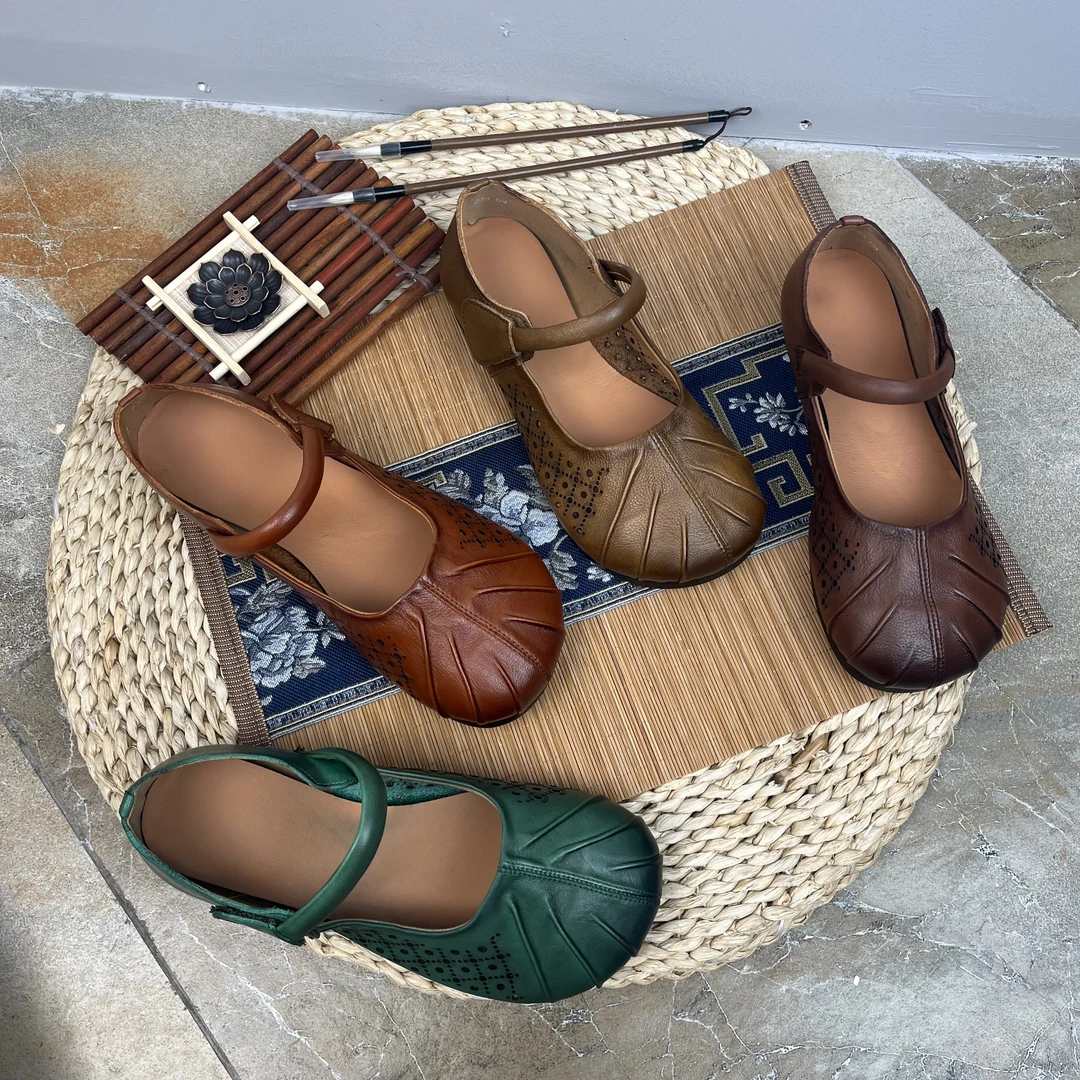 6637浅口牛皮平底一字扣镂空单鞋夏季民族风圆头妈妈鞋休闲舒适